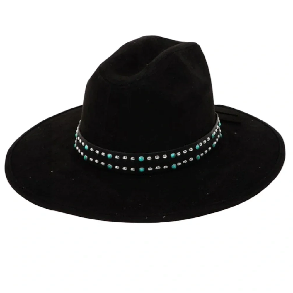 Black Wide-Brim Fedora Hat with Studded Trim
